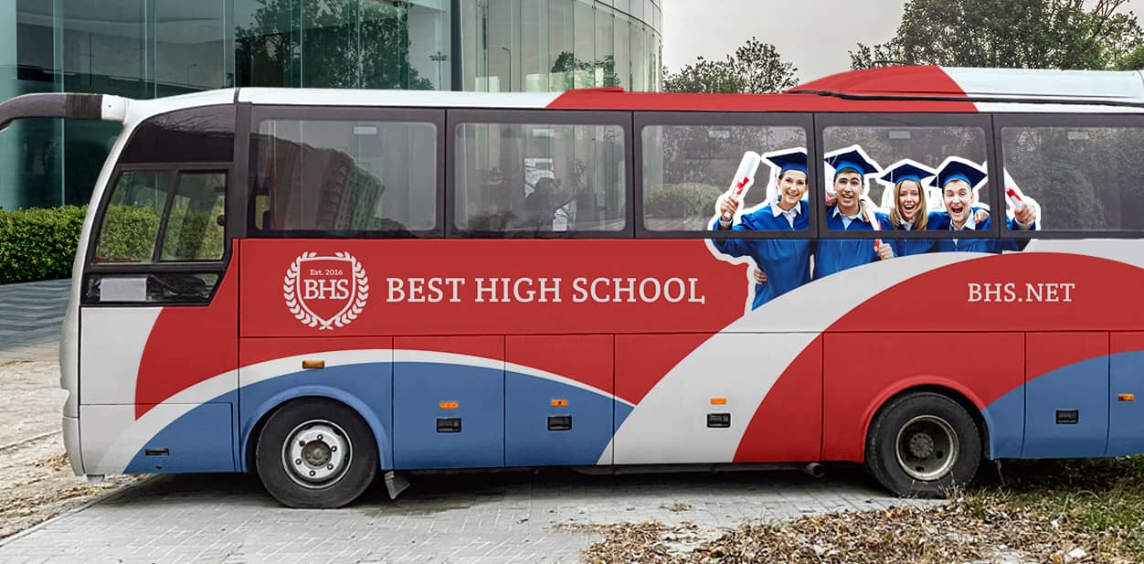 High school vehicle branding large displays in white, blue and red