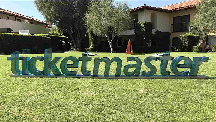 Ticketmaster logo sign design in green made of acrylic for outdoor event decorating