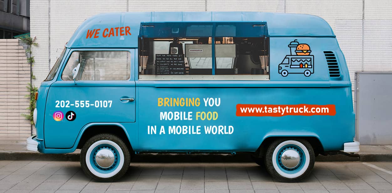 Promotional food truck branding design displaying the company's contact information and motto