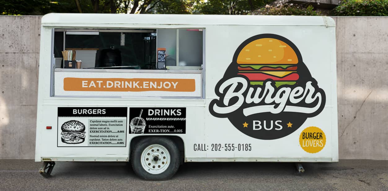 Burger Bus food truck branding displaying the company's logo, tagline and contact details