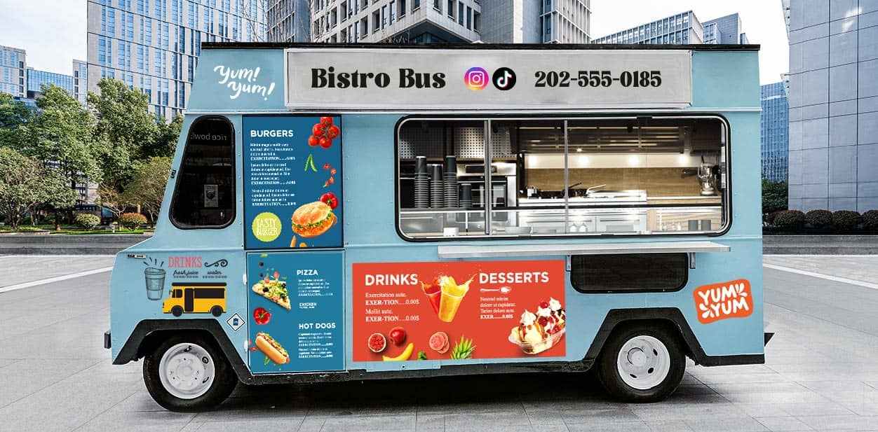 Total food truck branding with colorful menu displays
