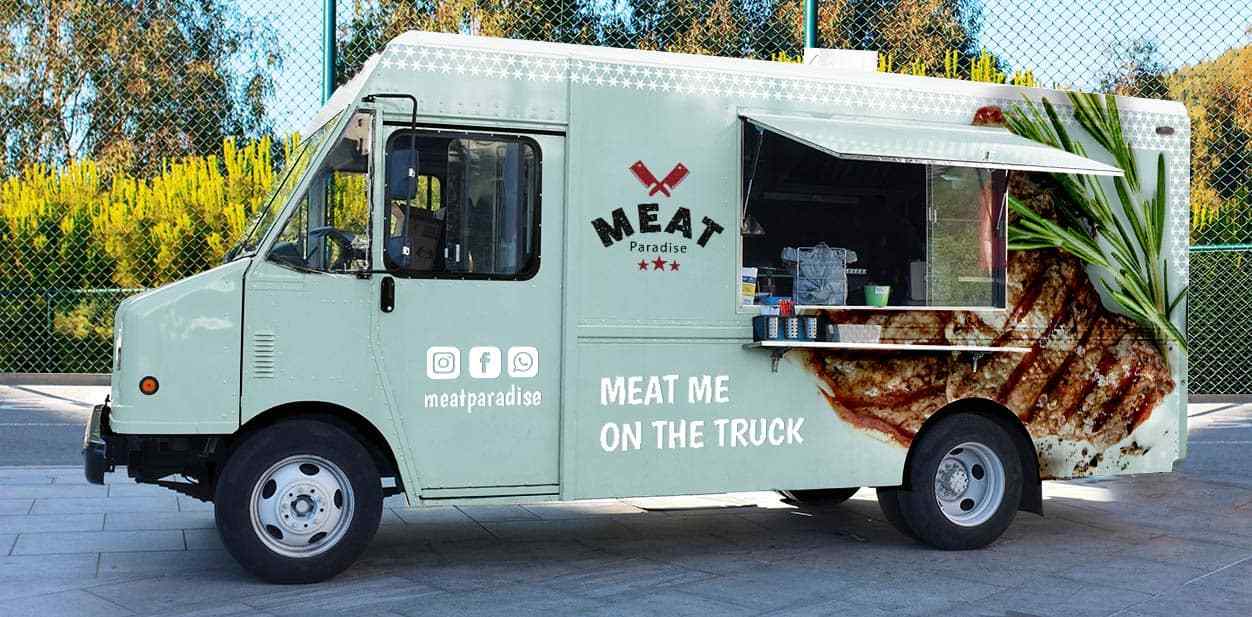 Meat Paradise food truck branding design displaying the company's motto and brand name