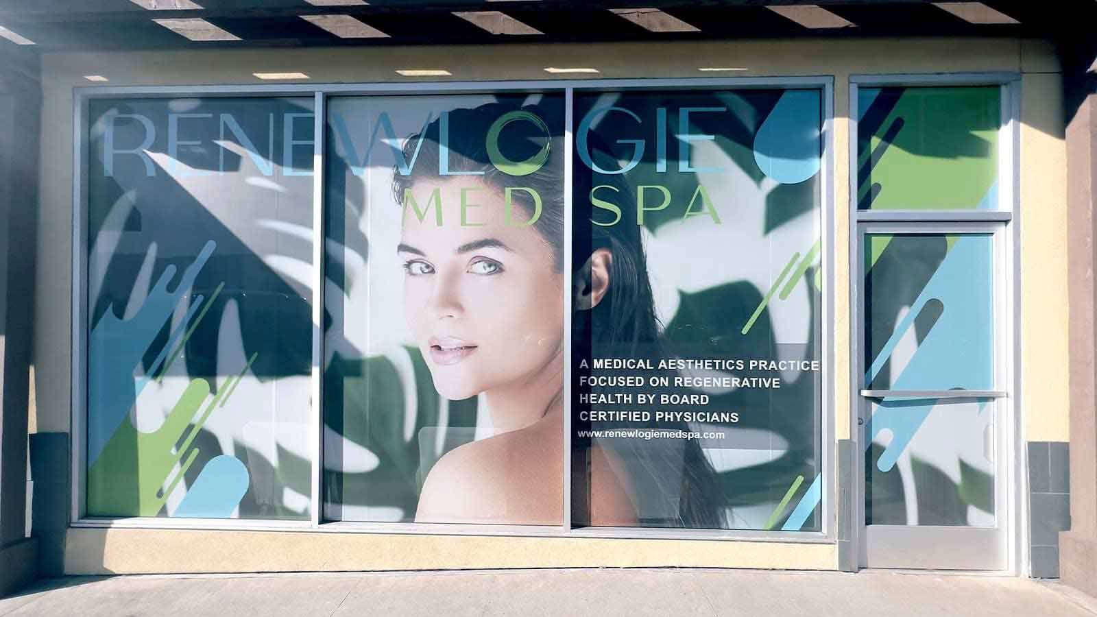 Renewlogie Med Spa window decals for the storefront