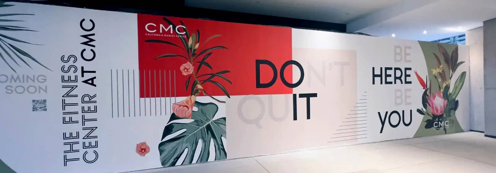 The Fitness Center at CMC's feature wall in floral theme and branded elements for the opening