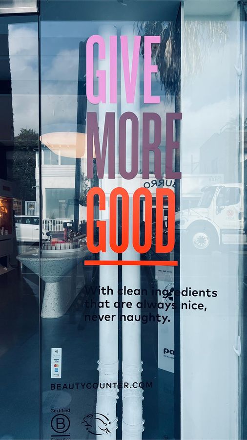 Beautycounter vinyl lettering applied to the window