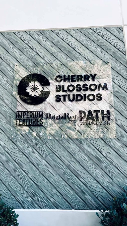 Cherry Blossom Studios acrylic sign installed outdoors