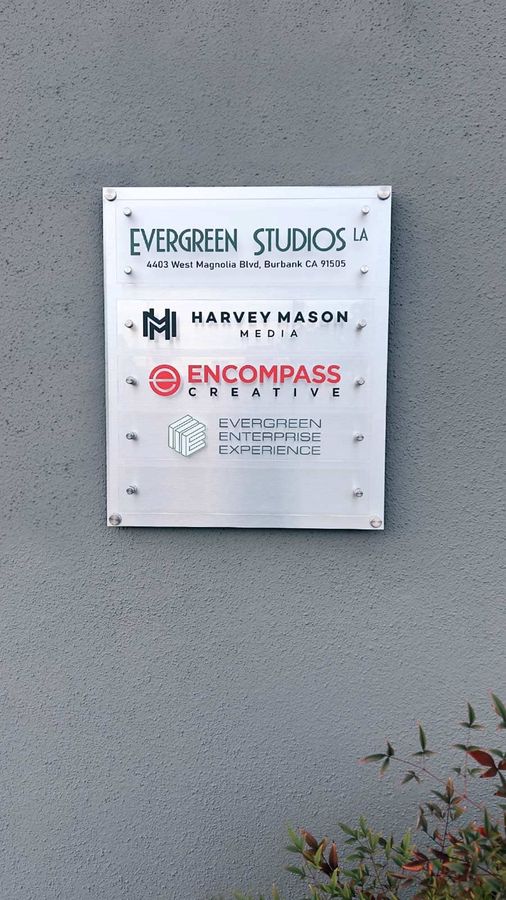Evergreen Studios LA aluminum sign placed on the wall