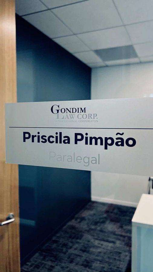 Gondim Law Corp. office sign applied to the glass