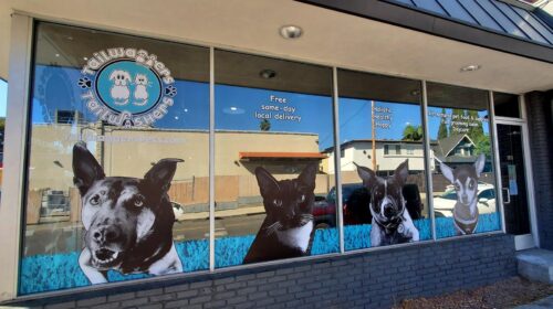 Tailwaggers outdoor signs applied to the storefront windows