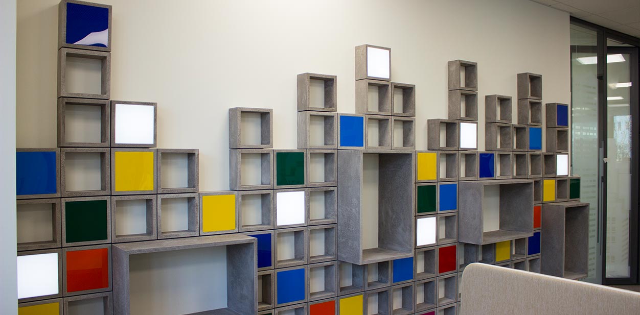 Architectural office accent wall colorful structures in square and rectangle shapes
