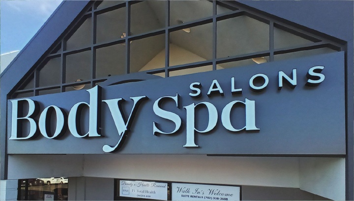 Body SPA Salons large letter signage with the brand name made of aluminum for facade branding