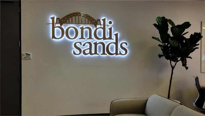 Bondi Sands sign letters spelling the brand name made of lexan and aluminum for branding
