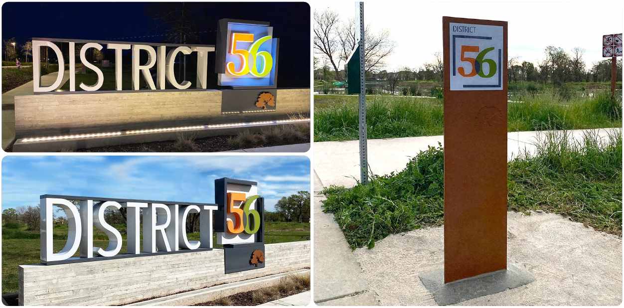City of Elk Grove large branding design elements installed on a brick monumental structure