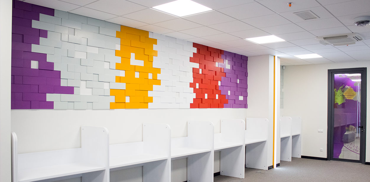 Colorful accent wall design with decorative cubes covering the whole surface of the wall