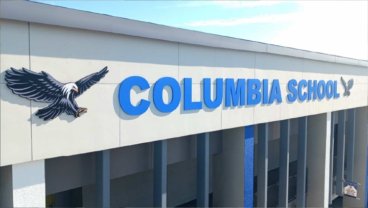 Columbia School large letter signage spelling the school name made of PVC for facade branding