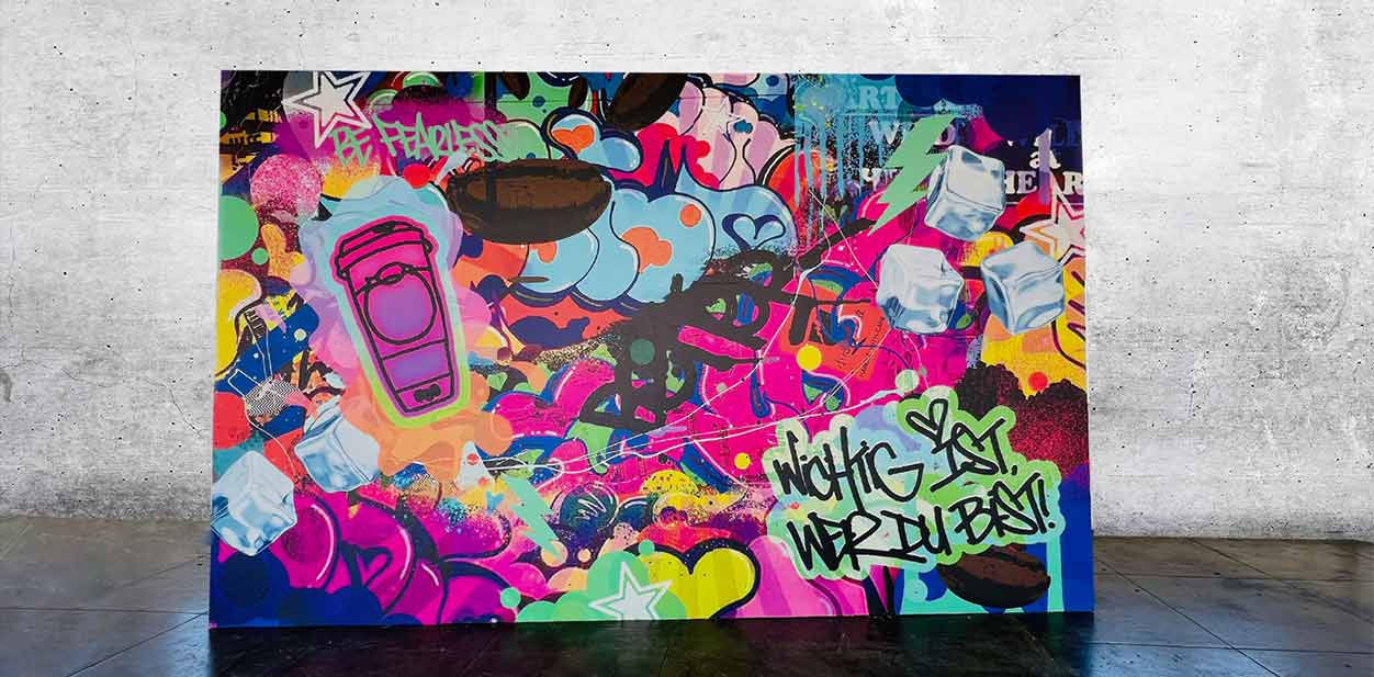 Free-standing office accent wall art display with colorful graffiti