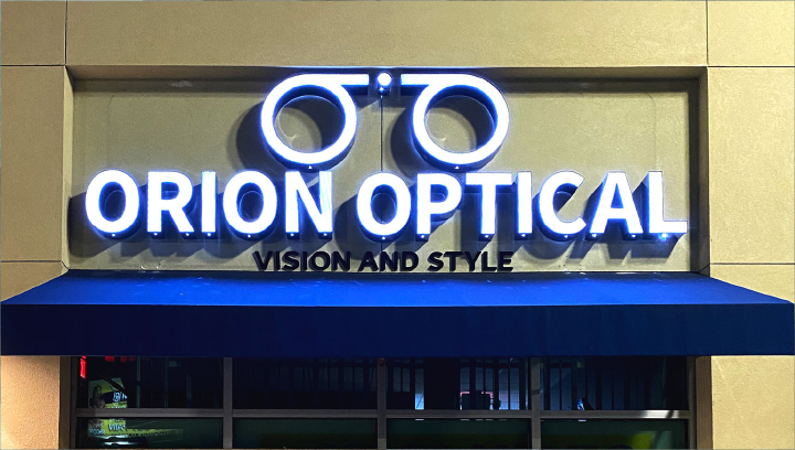 Orion Optical custom letter signage displaying the brand name made of aluminum and acrylic