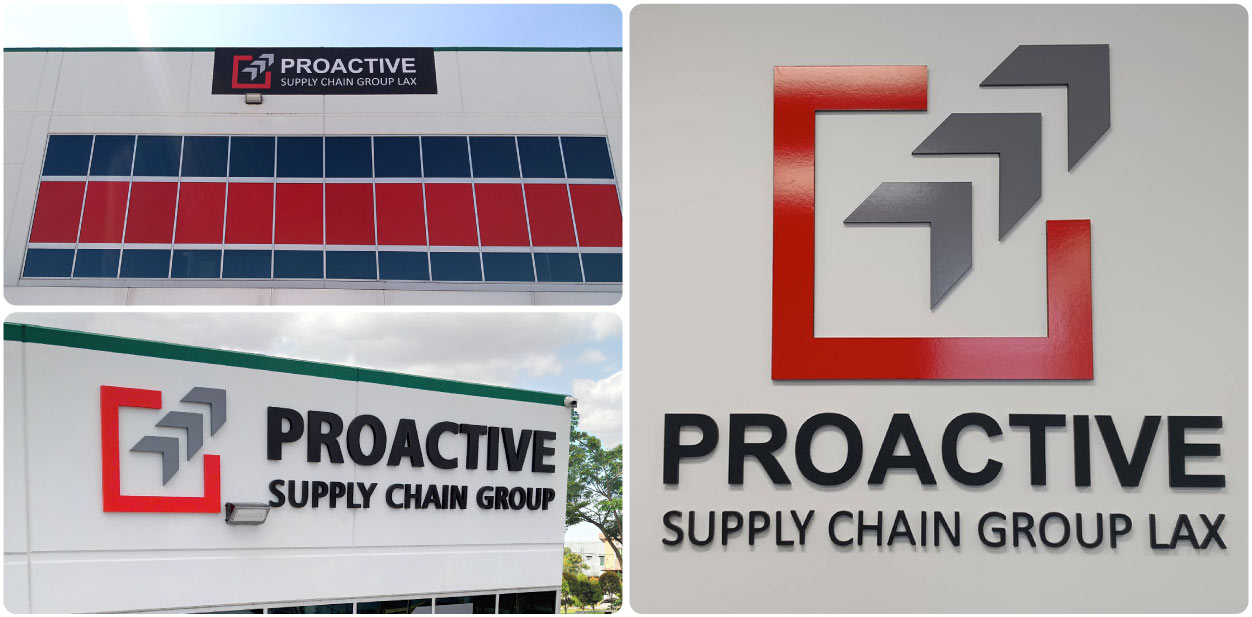 Proactive corporate branding design featuring the brand name and logo indoors and outdoors