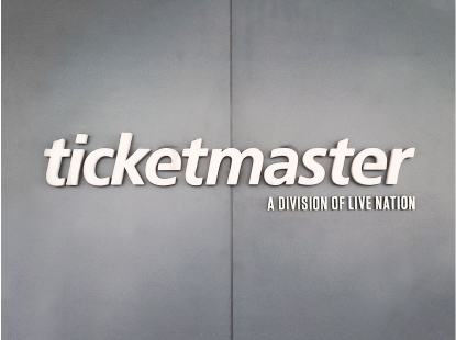 Ticketmaster custom letter sign spelling the brand name and motto made of aluminum and acrylic