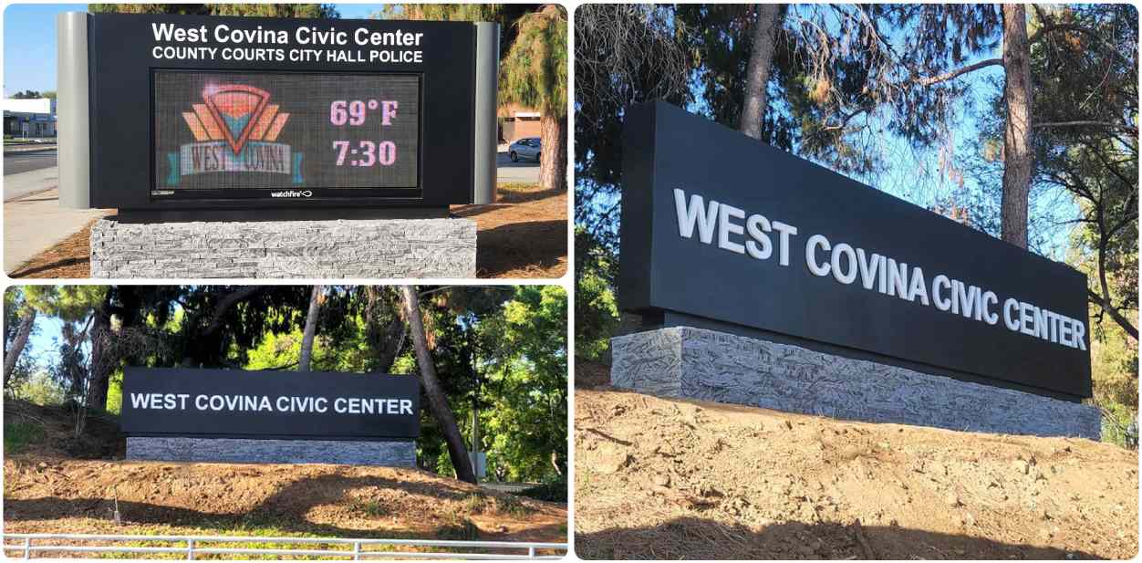 West Covina Civic Center corporate branding design with a black monumental structure
