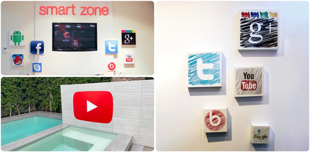 YouTube branding design with large adhesives and social media displays at outdoors and indoors
