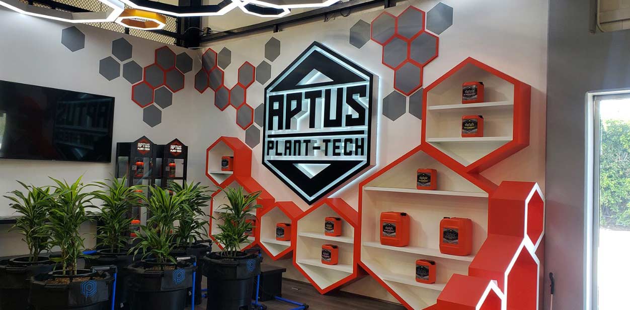 Aptus modern wood accent wall with illuminated decorative elements and brand name display