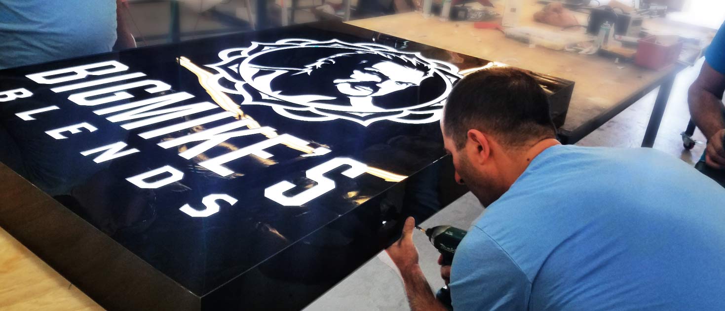 Big Mike's Blends sign fabrication process using an acrylic display and LED lights