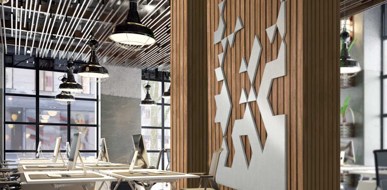 Custom accent wall with wood and metal design with cut-out shapes