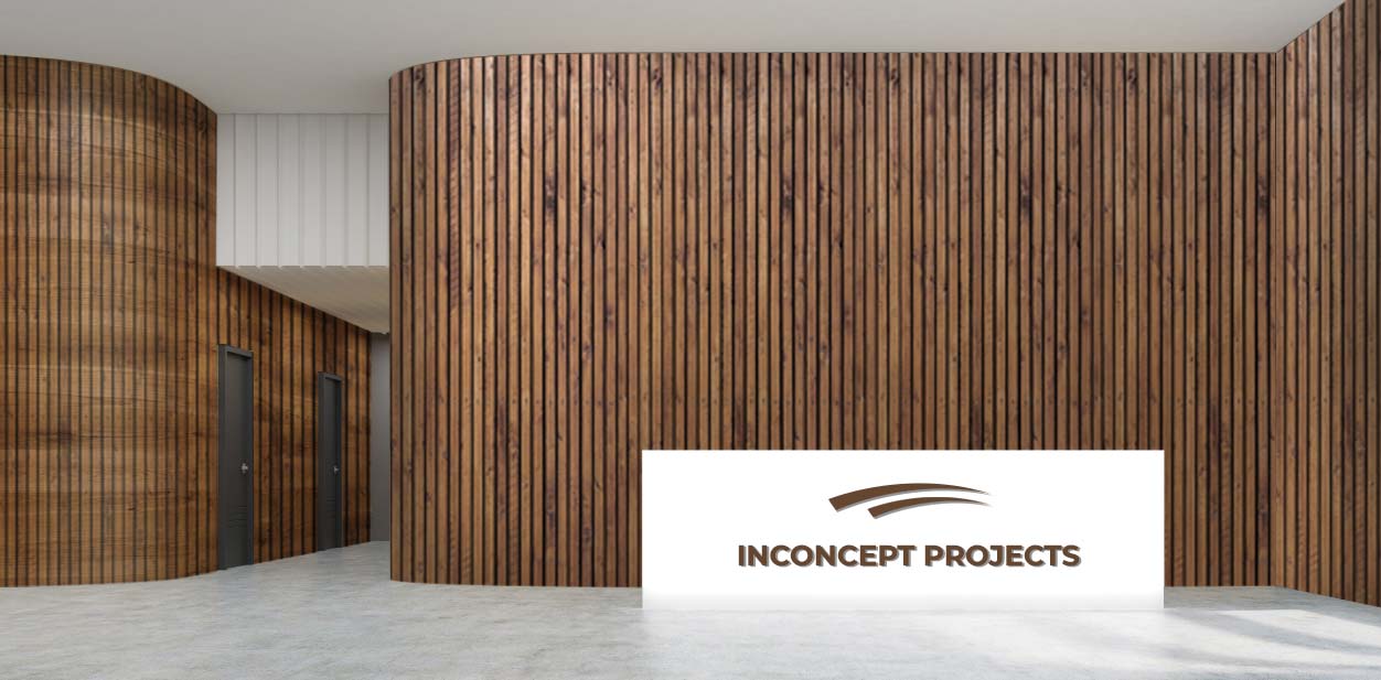 Inconcept Projects modern wood accent wall with curved shapes for an office design