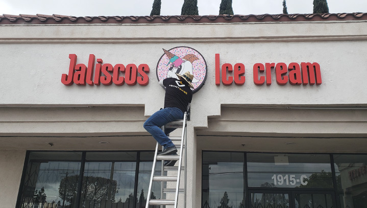 Jaliscos Ice Cream sign fabrication of red letters and a logo over the restaurant's entrance