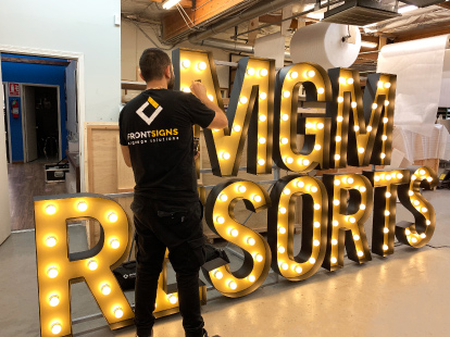 MGM Resorts sign manufacturing process displayed as free-standing illuminated letters