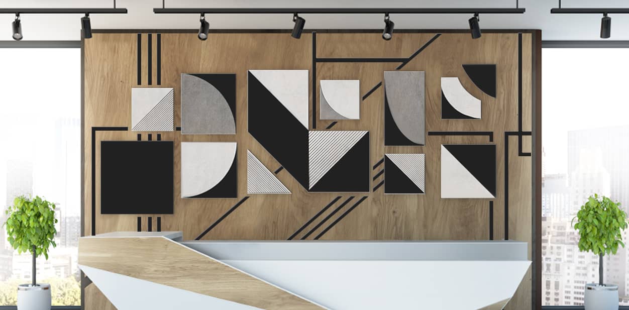 Geometric wood design accent wall with foam-based materials in dark-colored patterns