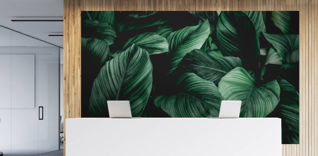 Nature-inspired modern wood accent wall with large-sized graphic display and vertical slats
