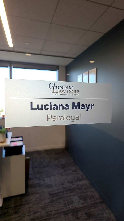 Gondim Law Corp office sign attached to the wall