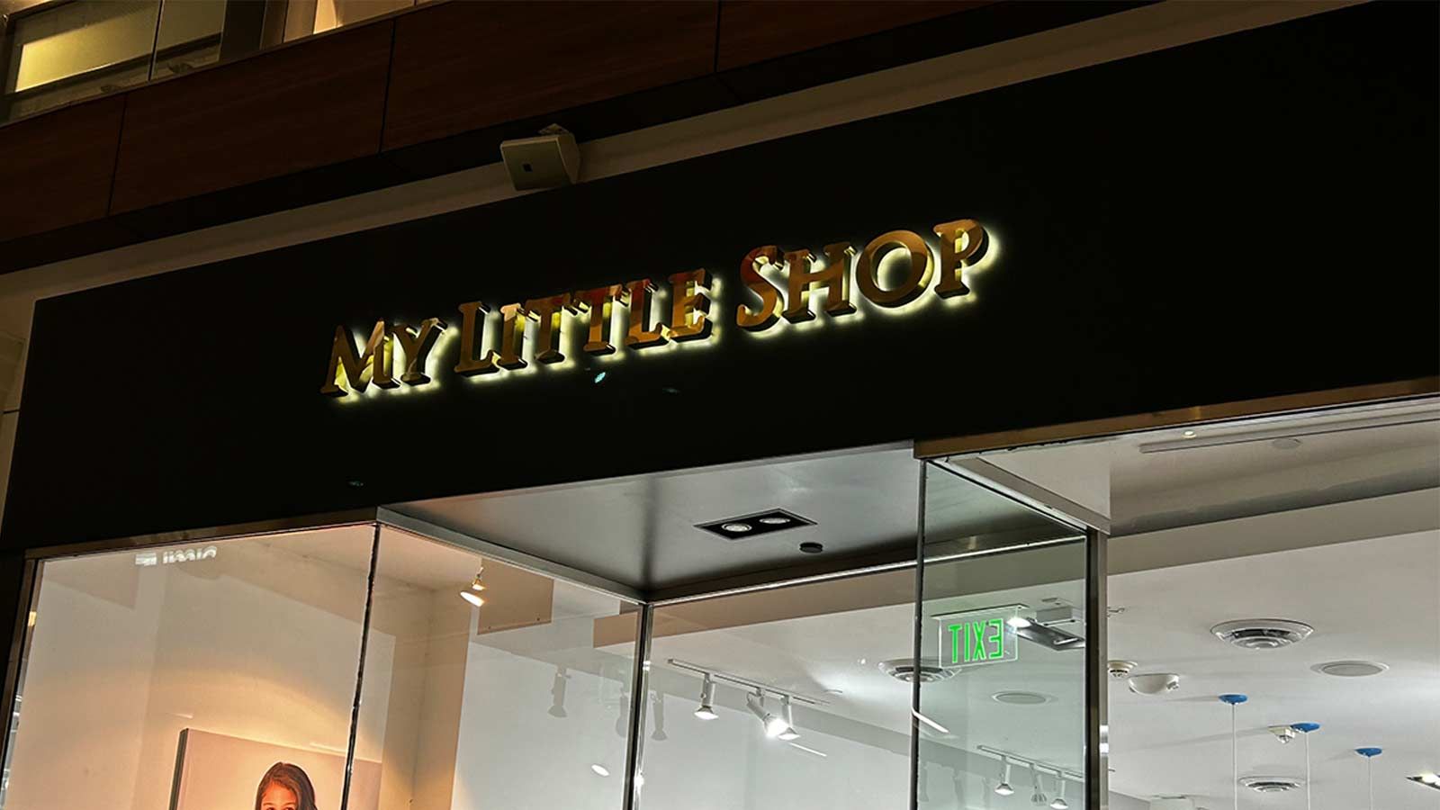 My Little Shop backlit letters mounted on the facade