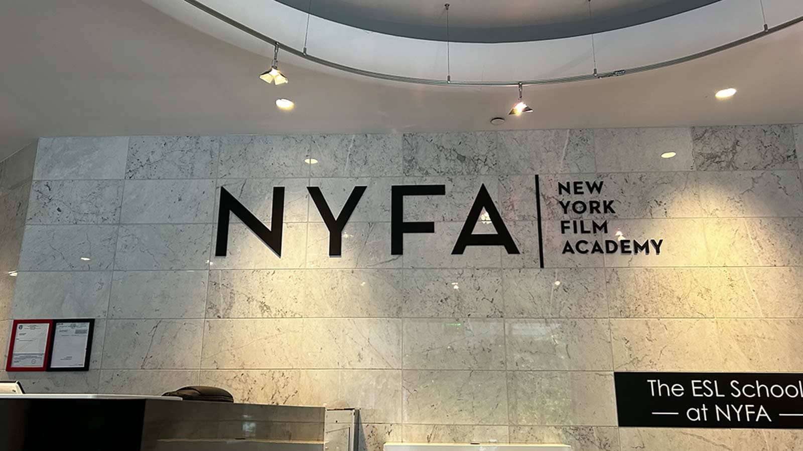 New York Film Academy interior sign attached to the wall