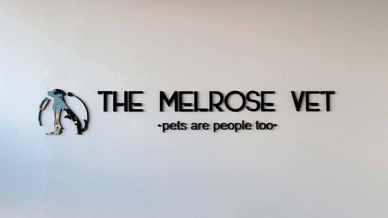 The Melrose Vet 3D sign attached to the wall