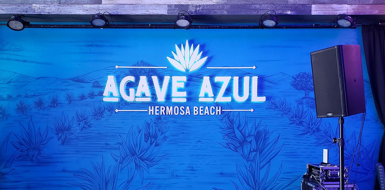 Agave Azul 3D LED wall art showcasing the brand name and logo on the blue background
