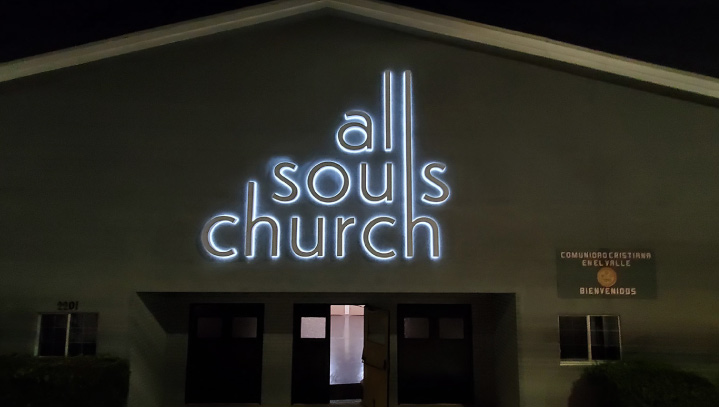 All Souls Church modern sign with trendy lighting made of aluminum and lexan for branding