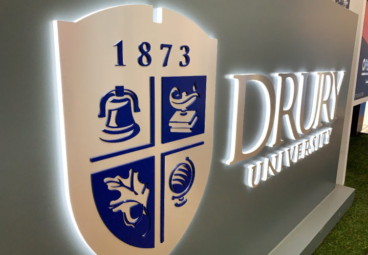 Drury University halo lit sign with modern illumination made of aluminum and acrylic