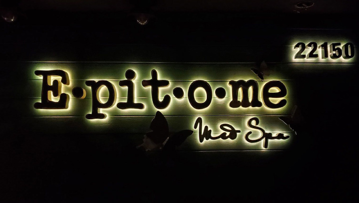 Epitome Med SPA modern signage spelling the brand name with lighting made of lexan and aluminum