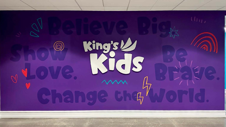 King's Kids modern signs in colorful hues made of opaque vinyl and PVC for interior decor