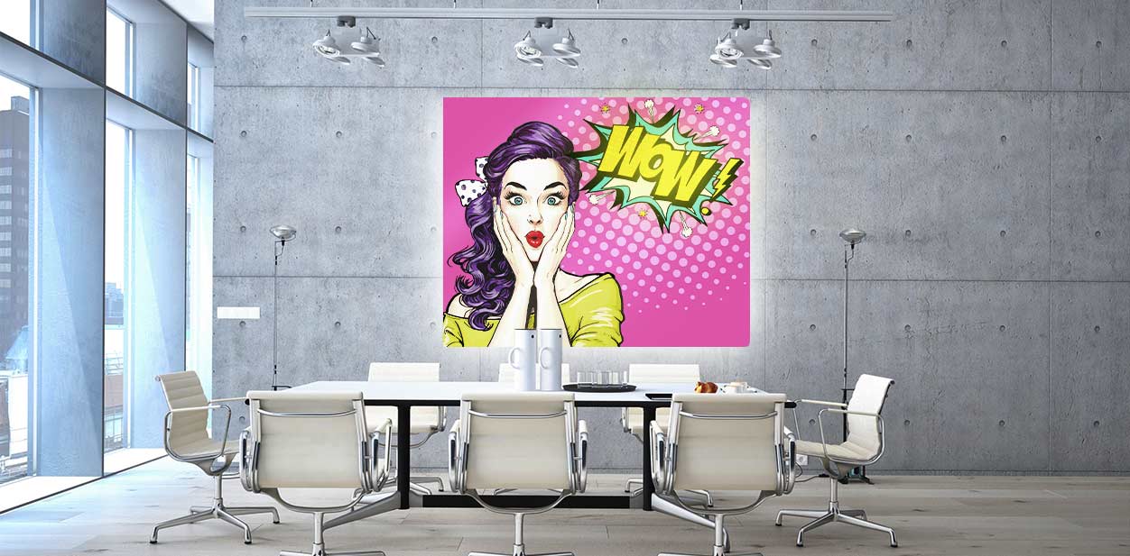 Pop art style large LED wall art in pink hues for office interior branding