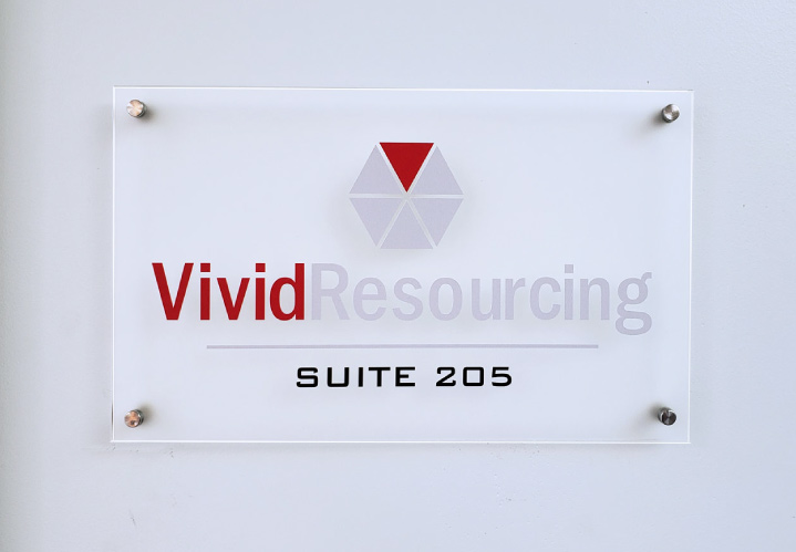 Vivid Resourcing acrylic business sign in a trendy style showing the company name for branding