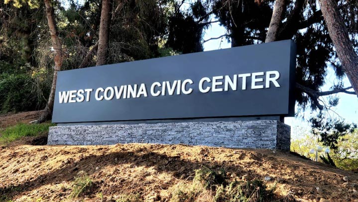 West Covina Civic Center modern business sign in a monumental style made of aluminum