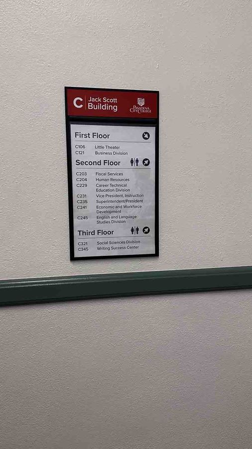 Pasadena City College acrylic sign fixed to the wall