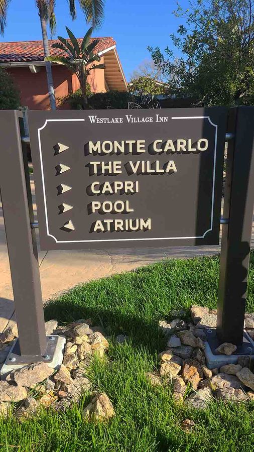 Westlake Village Inn wayfinding signage installed outdoors