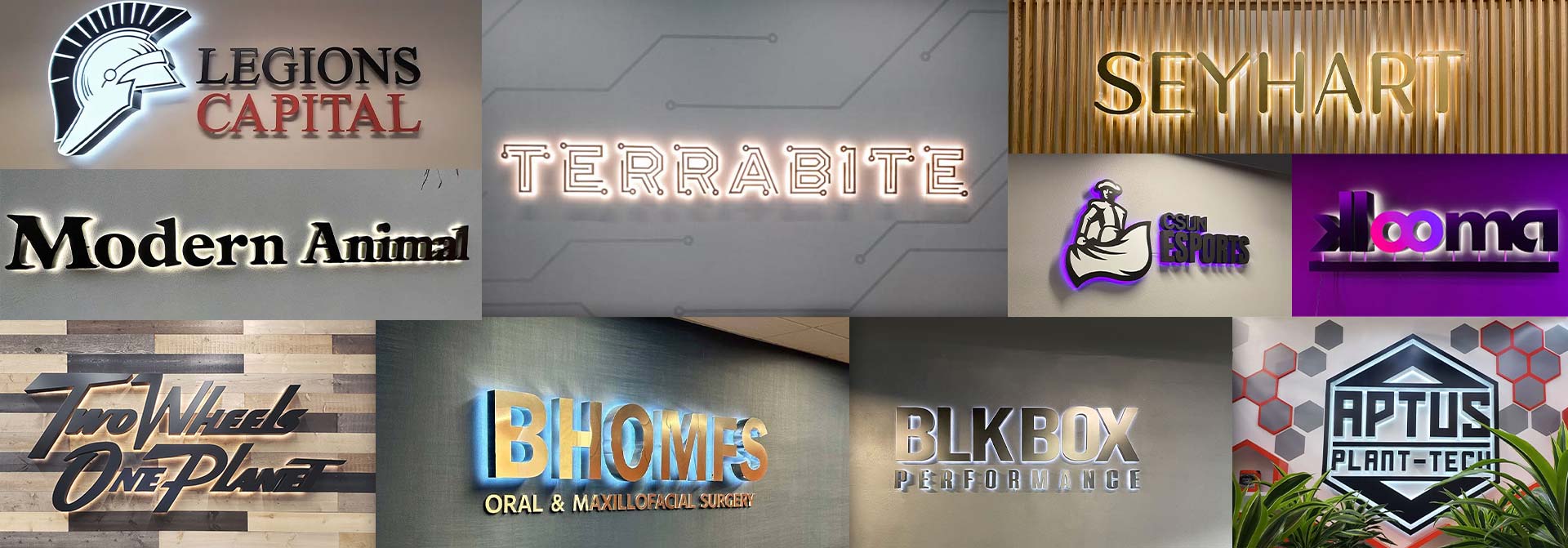 Branded backlit wall art displays set up in different corporate venues