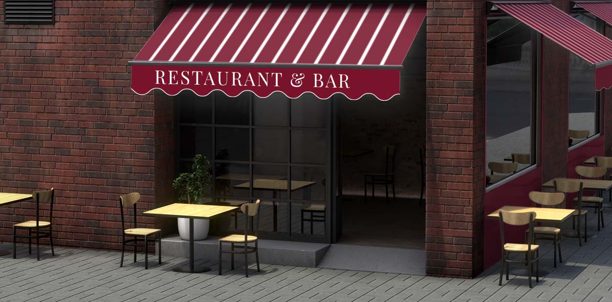 Canopy restaurant design trend with red and white striped design and brand name display