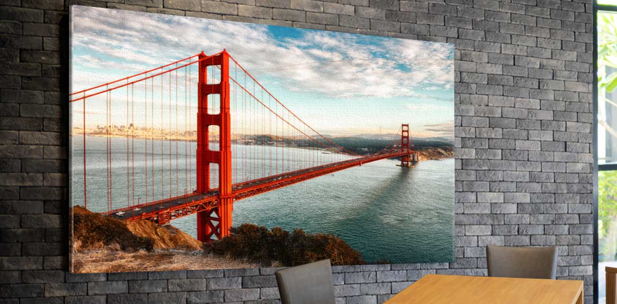 Cityscape restaurant interior design trend with a large picture of Golden Gates Bridge